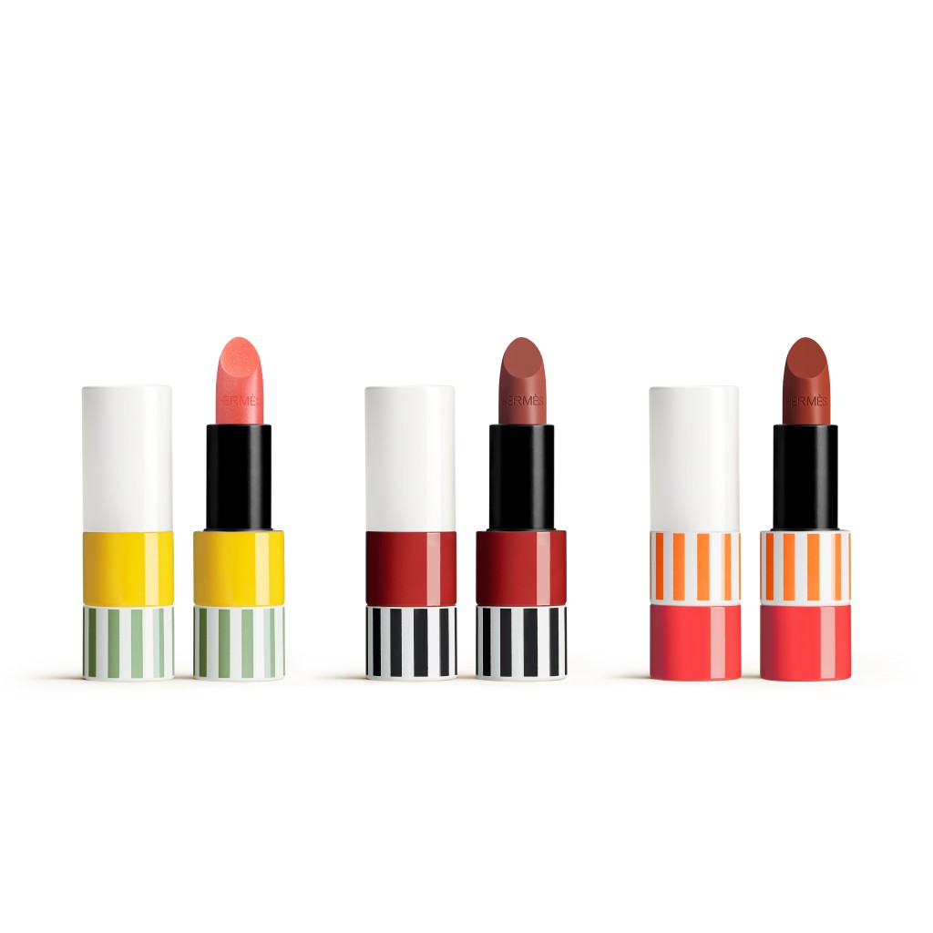 Rouge Hermes春夏限量版唇妆系列/各$700，三款新色包括珊瑚红、红褐色及略带粉色的米色，配以彩色条纹新包装。